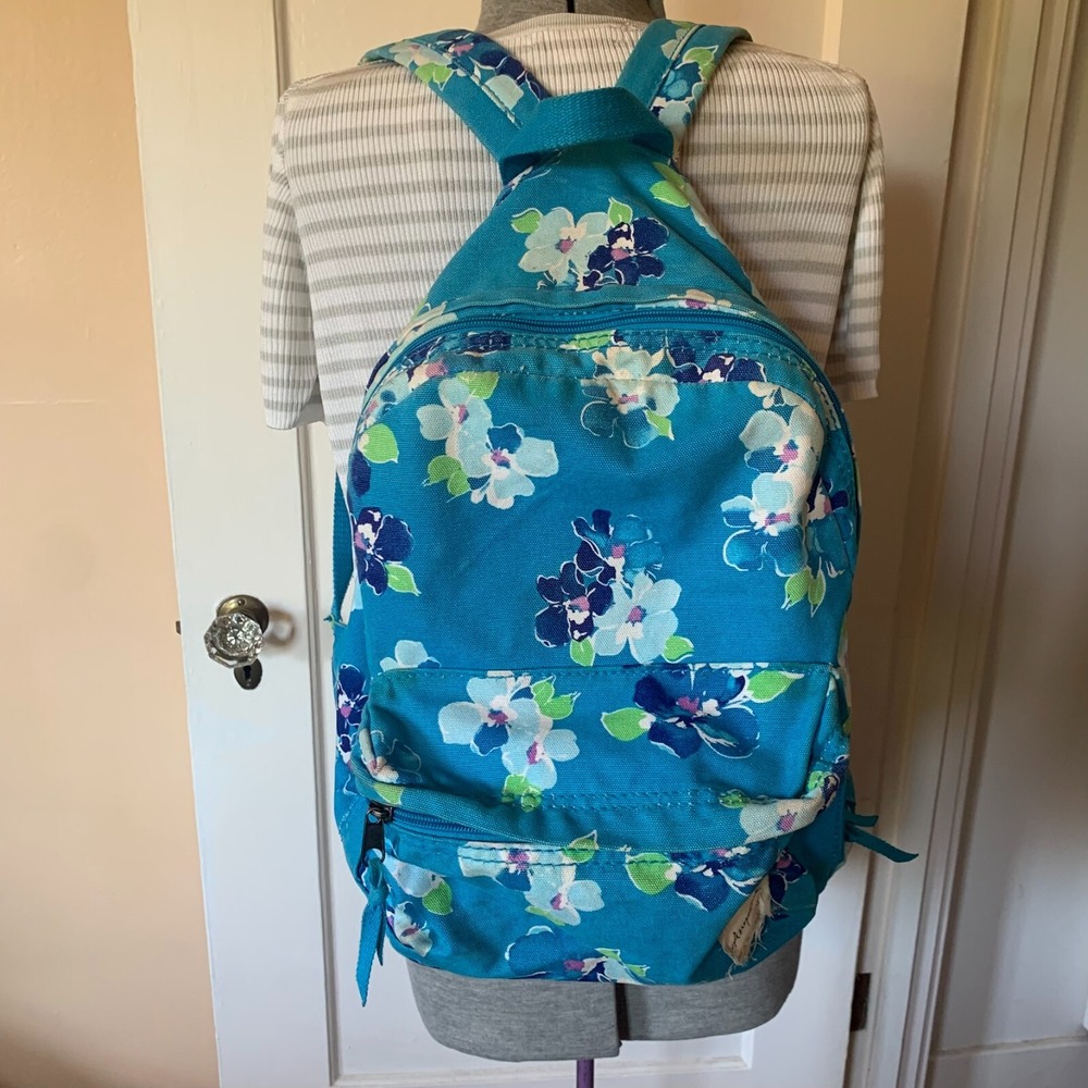 Aeropostale Teal Floral Canvas Backpack Faux Suede Bottom Blue Flower School Bag